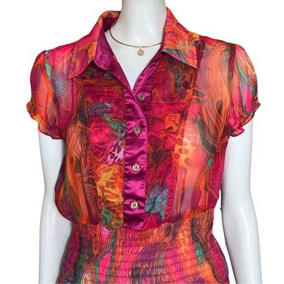 Vintage Y2K Apple Bottom Colorful Psychedelic Sheer Blouse Top Trashy2K M/L Pink - Picture 6 of 13